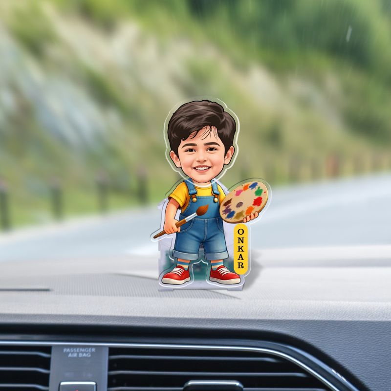 Personalized Artist Boy Bobblehead Caricature Standee with Battery Powered Shaking Head Feature Custom with Photo Acrylic & Name, Gift for Painter Artist & Painting Lovers